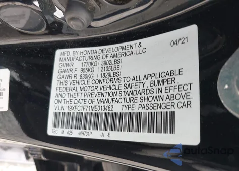 2021 Honda Civic Ex-L from USA, damaged, VIN 19XFC1F71ME013462